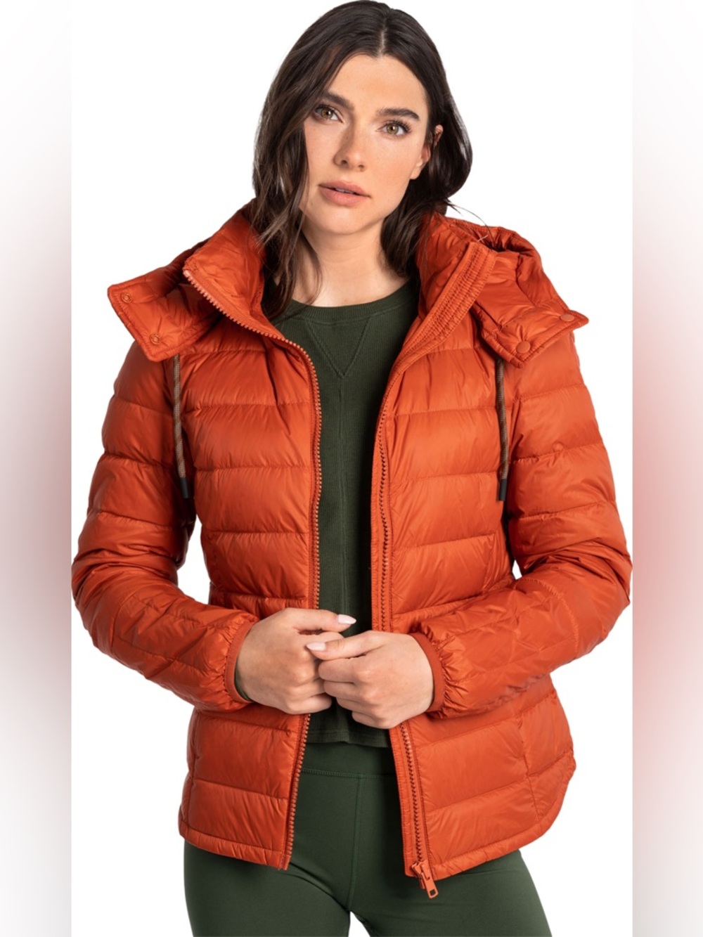 NWOT Lole Emeline Orange Down Puffer Jacket Women’s Size Small Hooded Waterproof